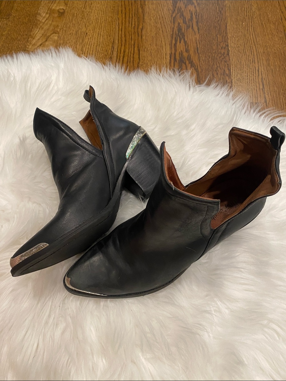 Jeffrey Campbell Black Leather Western Ankle Boots with Silver Accents